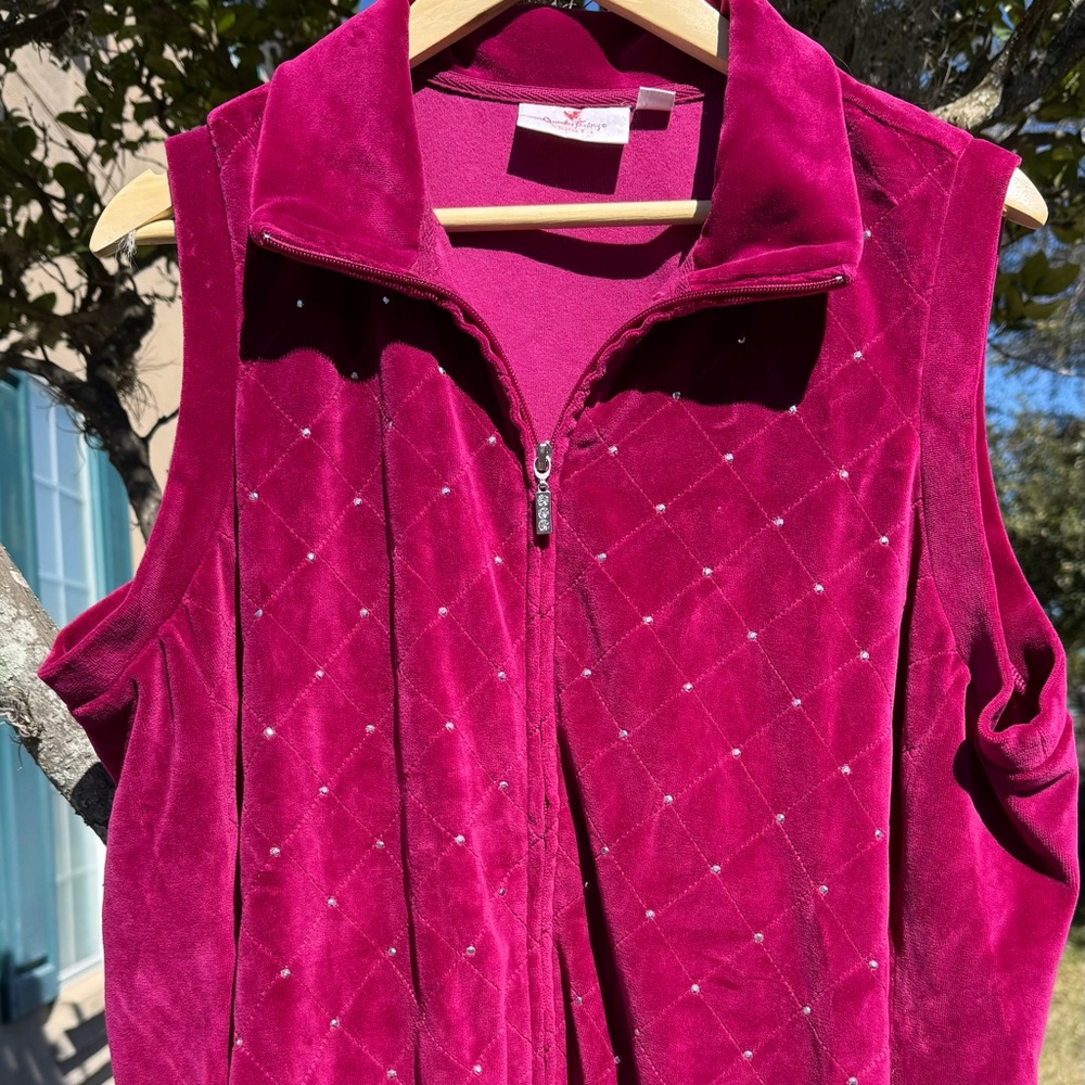 Quacker Factory Velour Vest Embellished With Rhinestones Zip Front